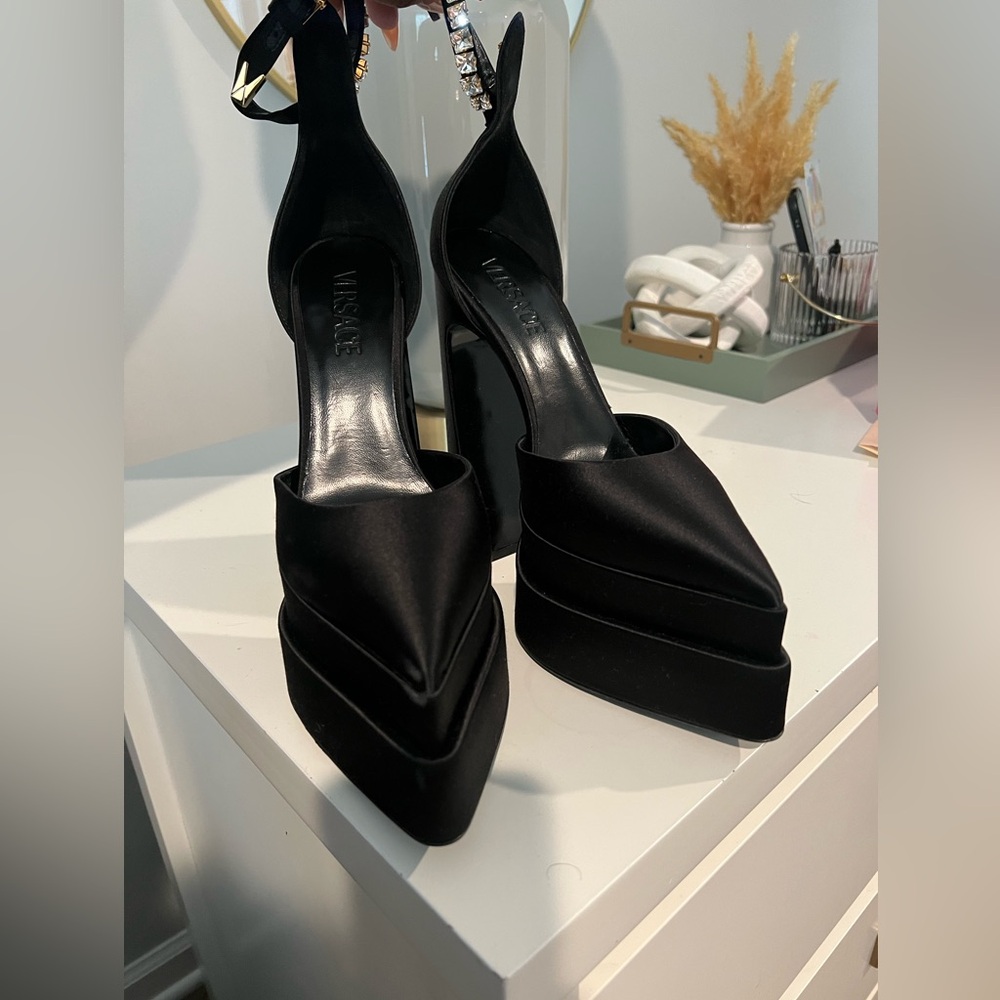 Versace Black Satin Pointed Toe Platform Heels with Ankle Strap